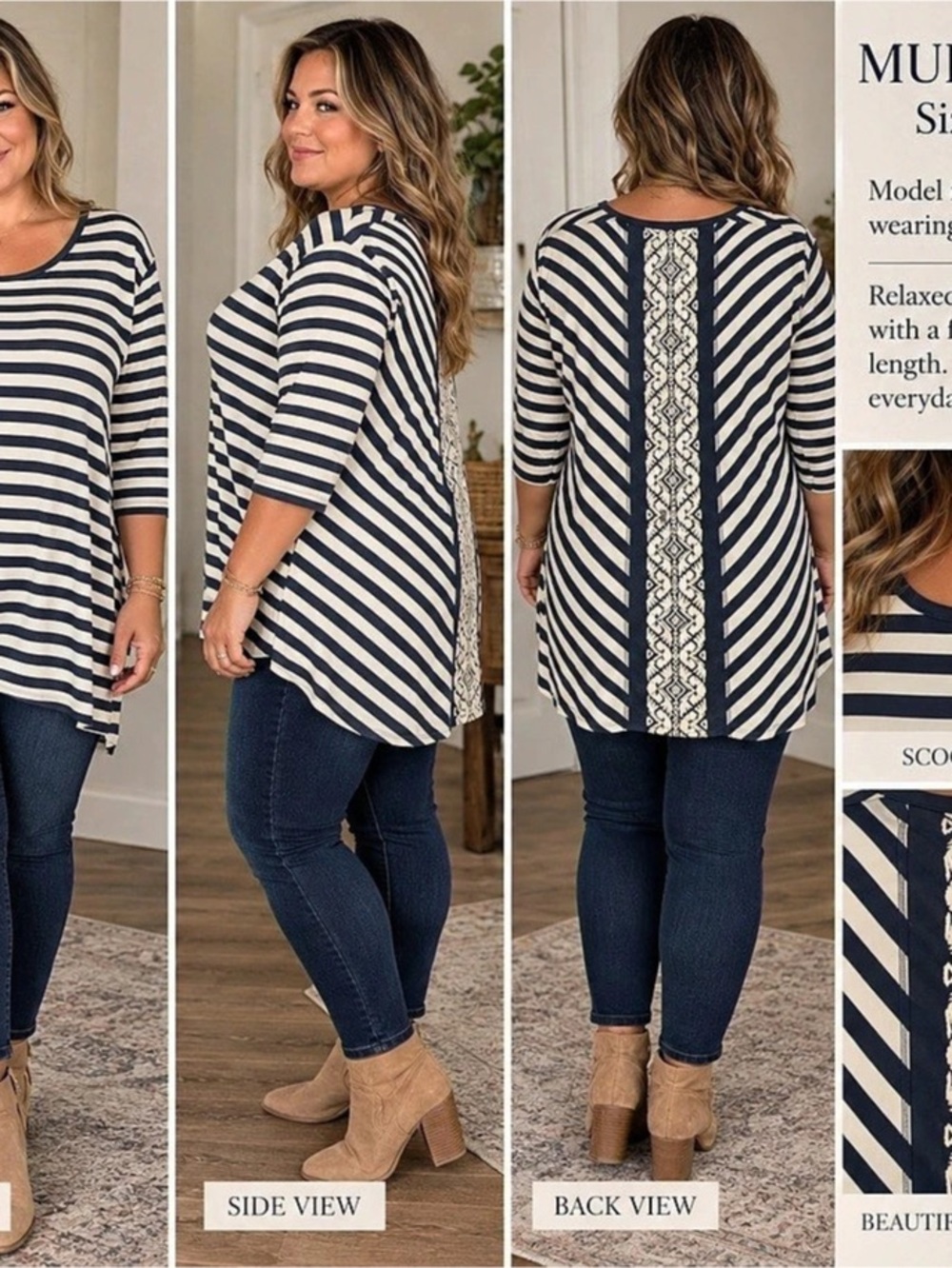 Multiples Striped Tunic in Blue & Cream Size Large